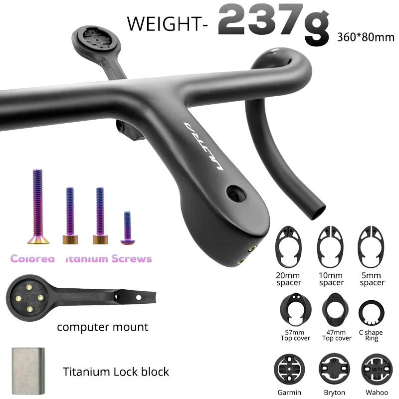 Full Carbon Fiber Blacke Road Bike Handlebar Internal Cables Ultra Light Weight About 237g (360*80mm) Includes Computer Mount