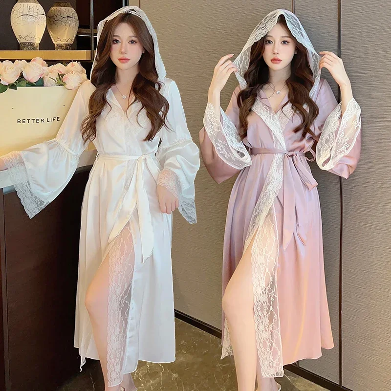 

Лето 2025 года, шелковое атласное кимоно с длинными рукавами и капюшоном для женщин, корейский милый кружевной халат, одежда для сна, домашняя одежда, ночное платье, ночная рубашка
