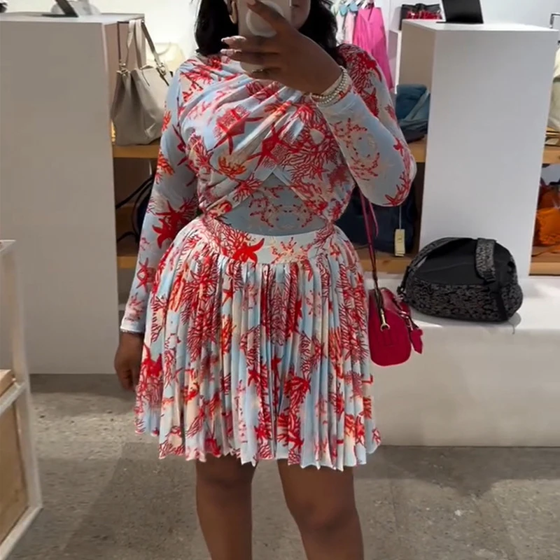 New Fashion African Style Dress Set Leaf Print Long Sleeve O‑neck Wrap Pleated Outfit for Party Birthday Vacation
