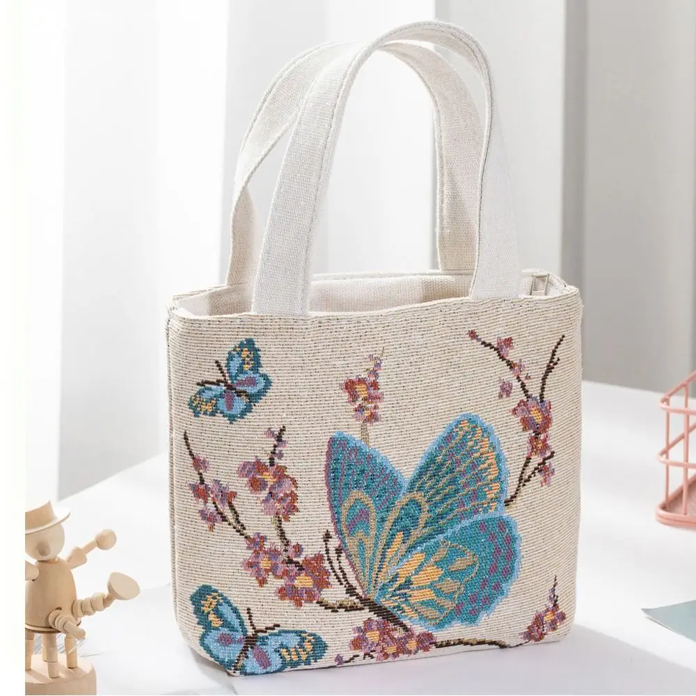 Embroidery Canvas Bag Cute Cat Flowers Tote Bag Fashion Style Small Shoulder Traveling Pouch Handbag