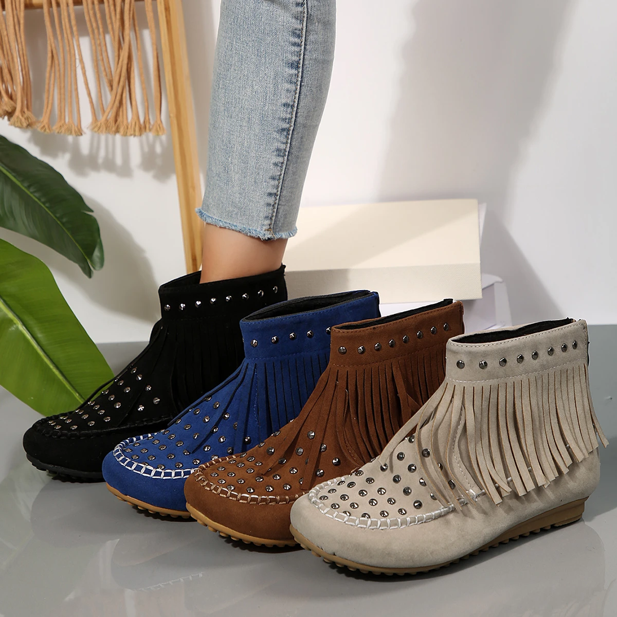 Ankle Boots for Women Short Trend Studded Cowboy Western New Rock Punk Flat Stylish Plus Size Offers Booties for Modern