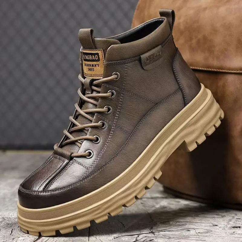 

Men's Autumn Winter Genuine Leather Ankle Boots Thick Sole Non Slip Waterproof Lace Up Plush Warm British Style Cotton Boots