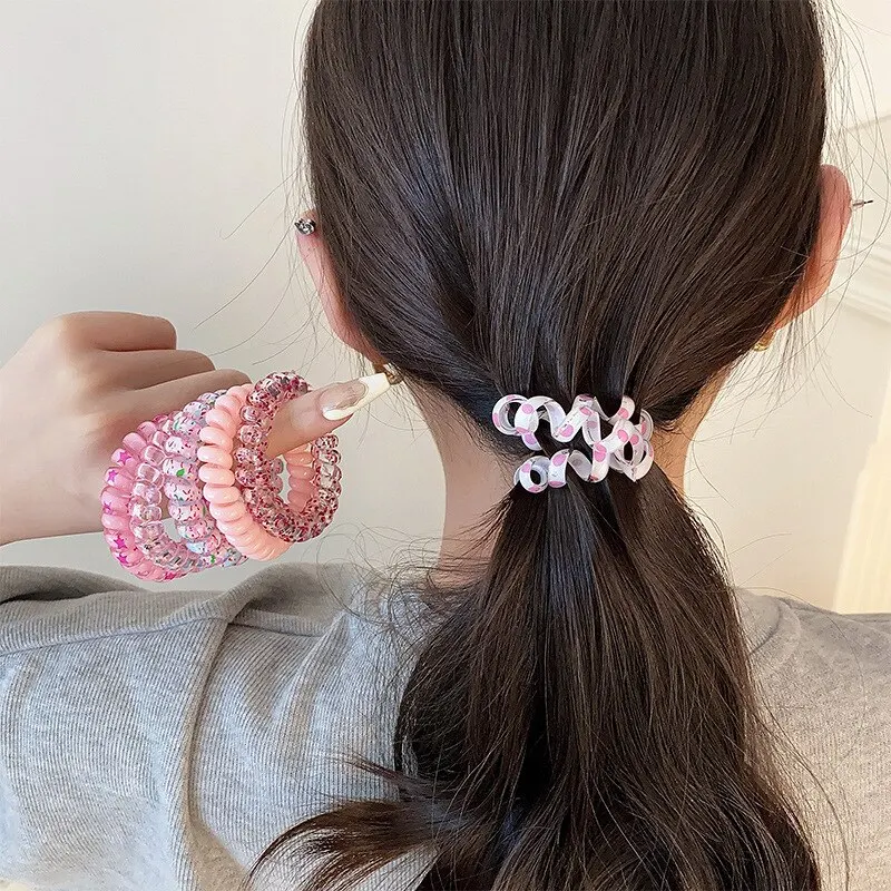 6Pcs/Set Women Fashion Telephone Wire Elastic Hair Band Colorful Printed Spiral Cord Rubber Band Hair Ties Hair Accessories Gift