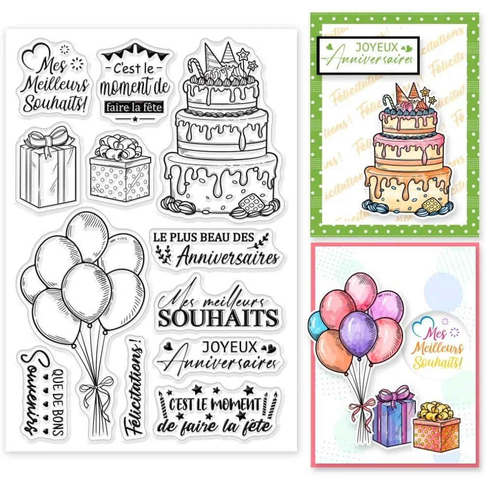 Birthday Cake French Clear Stamps Happy Birthday Silicone Clear Stamp Seals Balloon Birthday Gift Box Transparent Stamps for