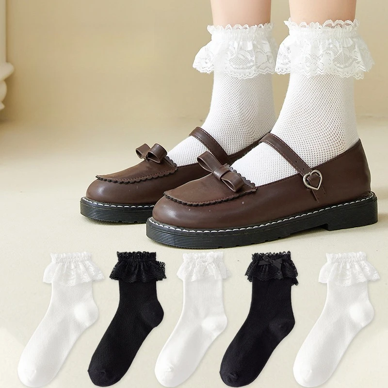 

New Lace Edge Cotton White Socks Japanese Style JK Lolita Cute Princess Mid Tube Sock Women's Summer Thin Mesh Breathable Socks