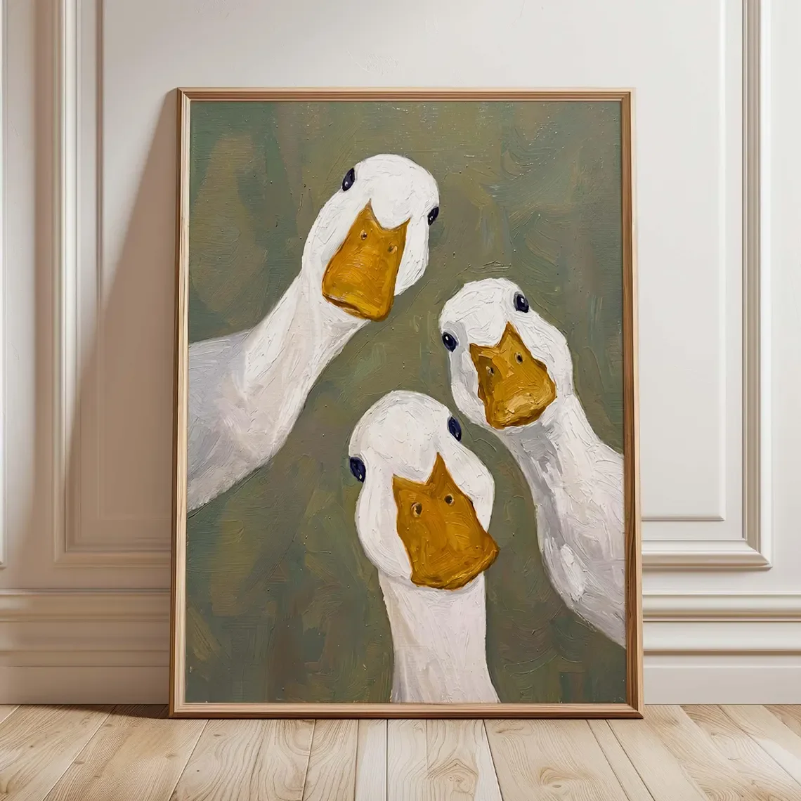 Lustiger Gänse-Wandkunstdruck, Poster mit drei weißen Enten, Bauernhaus-Vogel-Dekoration, Verspielte Badezimmer-Kunst, Cottagecore-Geschenk