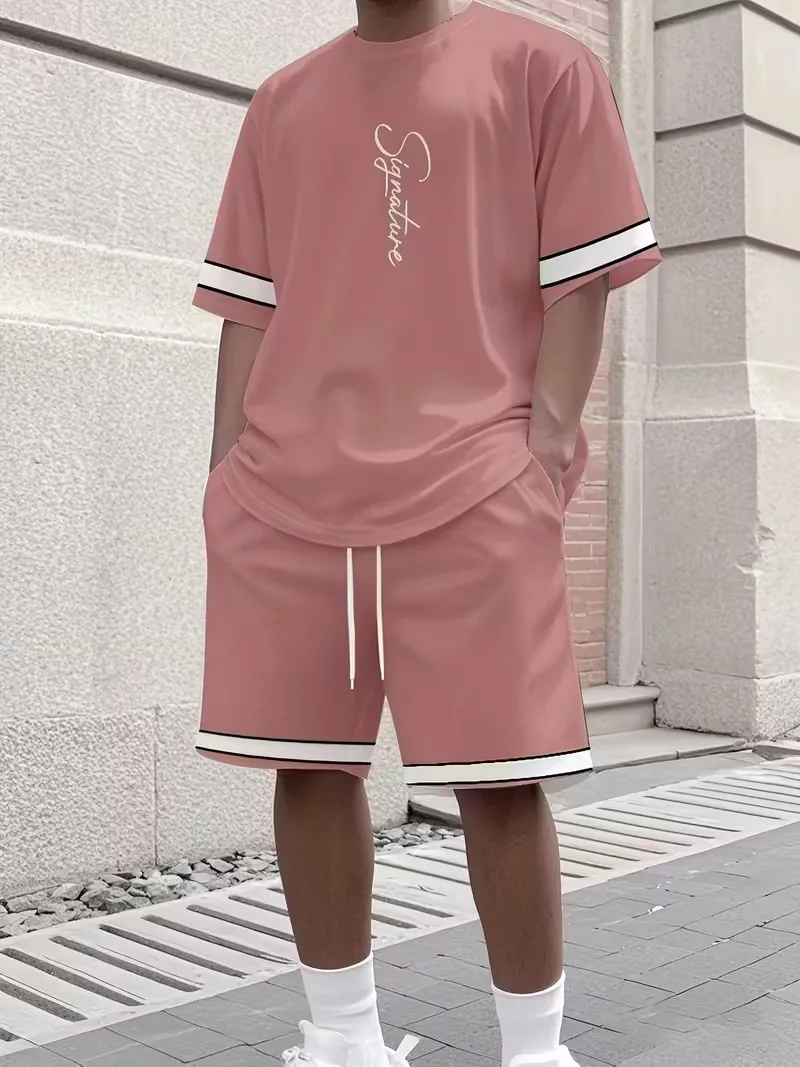 

2025 Простая повседневная мужская футболка с шортами, комплект из 2 предметов, большой размер, свободный спортивный комплект с короткими рукавами и шортами, праздничная мужская одежда