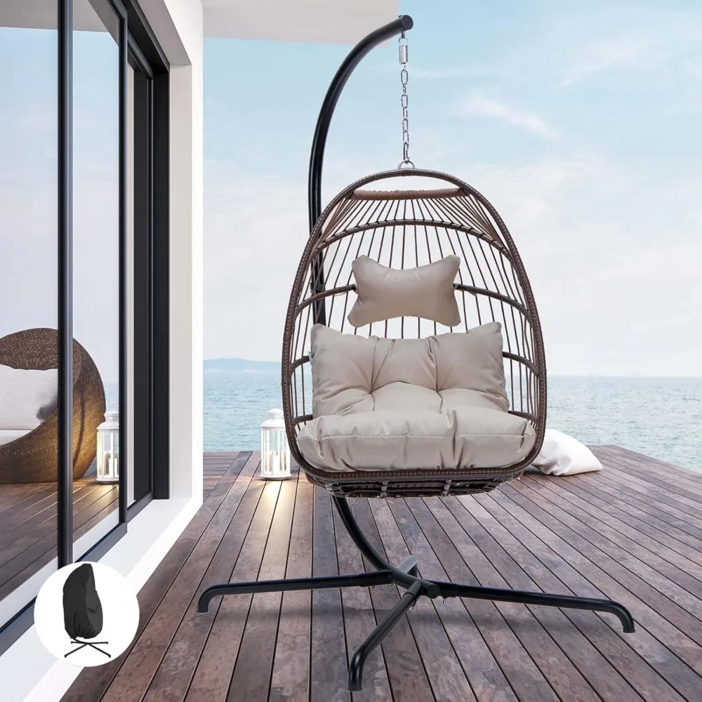 

Egg Chair with Stand Indoor Outdoor, Patio Wicker Hanging Chair with Cushion, Swing Hammock Egg Shell Chairs, 350lbs Capacity