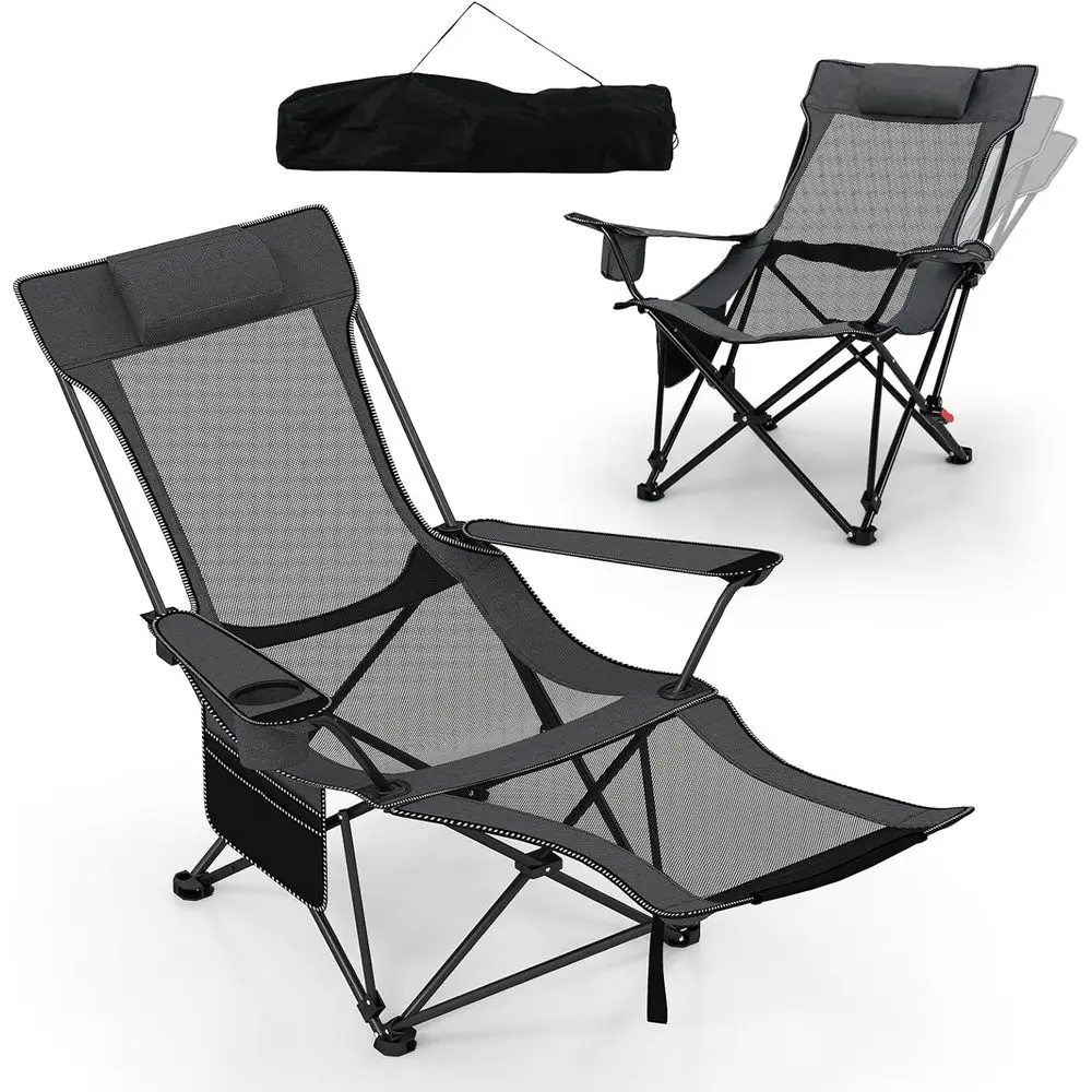 

Portable Folding Beach Chair with Detachable Footrest, 4-Position Backrest, Carry Bag, Pillow, Cup Holder, Storage Pouch, 330lbs