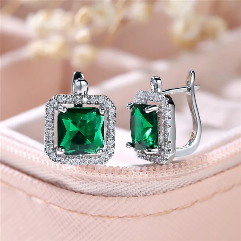 Weibliche Luxus grün quadratischen Zirkon Stein Clip Ohrringe Charme Silber Farbe Hochzeits schmuck für Frauen