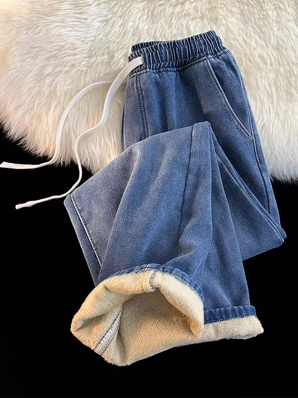 Retro Fleece Lined Straight Leg Jeans Women's Autumn Winter Elastic Waist Drawstring Loose Warm Slimming Long Pants Casual Wo...