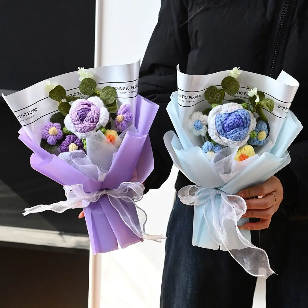 

Durable Romantic Knitted Rose Bouquet Finished Chinese Style Sunflower Bouquet Gift Fashion Handicraft Fake Flower Mother's Day