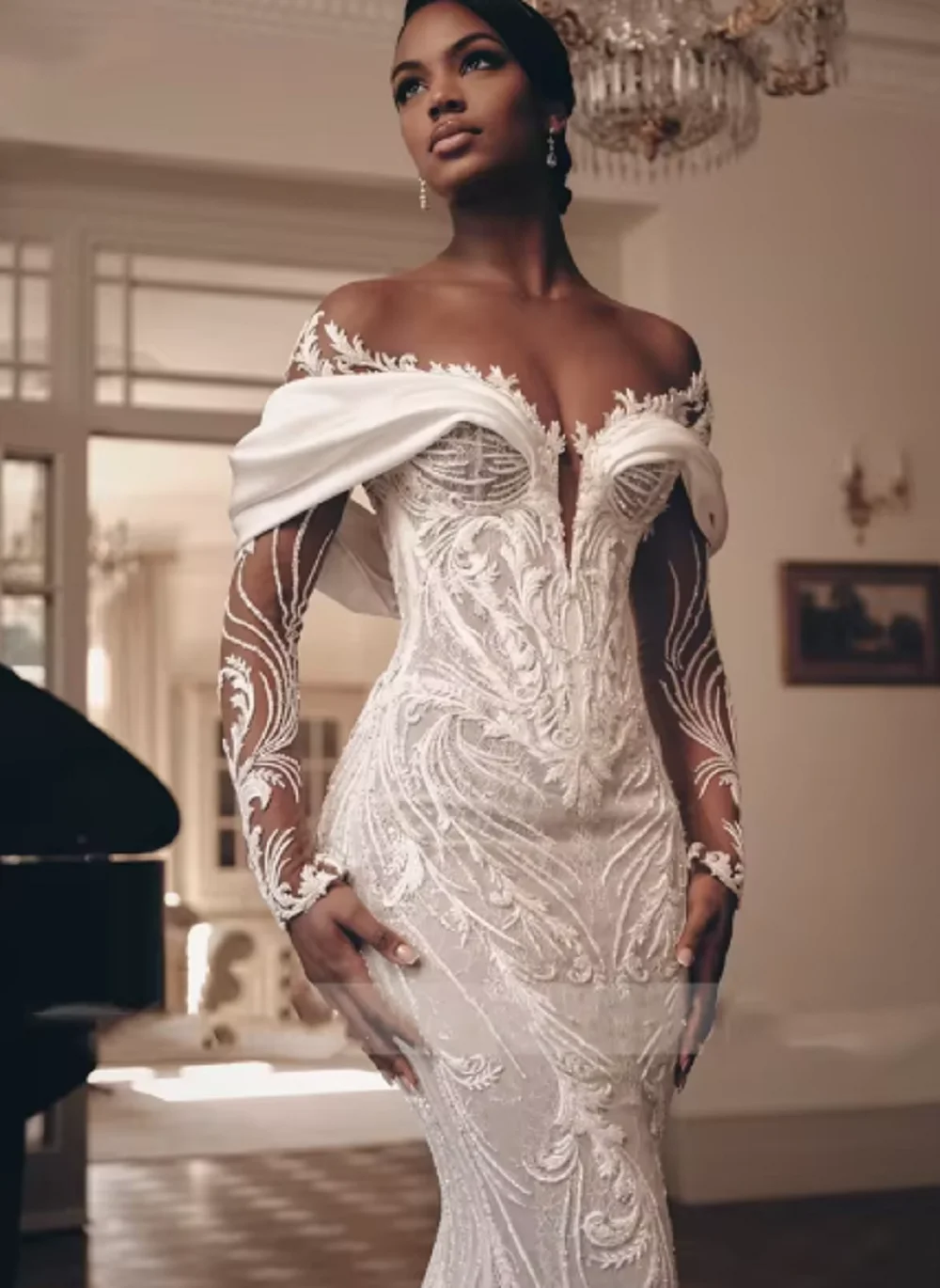2025 دبي المملكة العربية السعودية فساتين زفاف حورية البحر لؤلؤ مثير قبالة الكتف الساتان الكشكشة خمر زي العرائس الملاك سانشيز #3