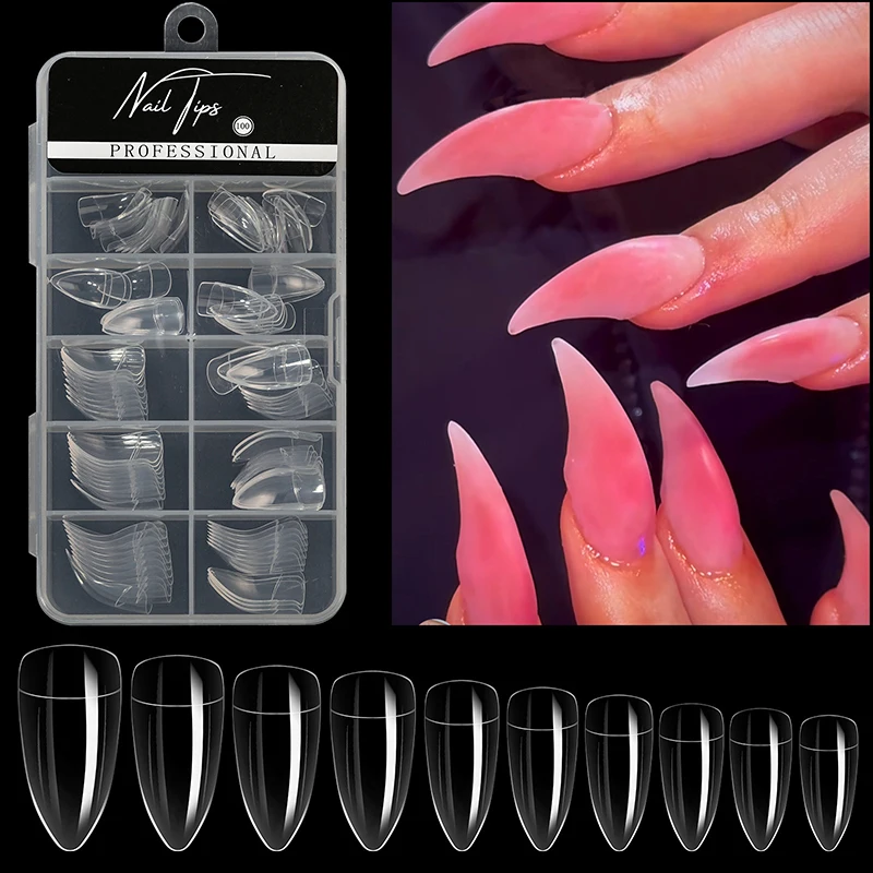 100 Pcs Hawk Curve Nail Tips Half Cover Eagle Claw Curve False Nails Extension 10 Sizes For Art Salon