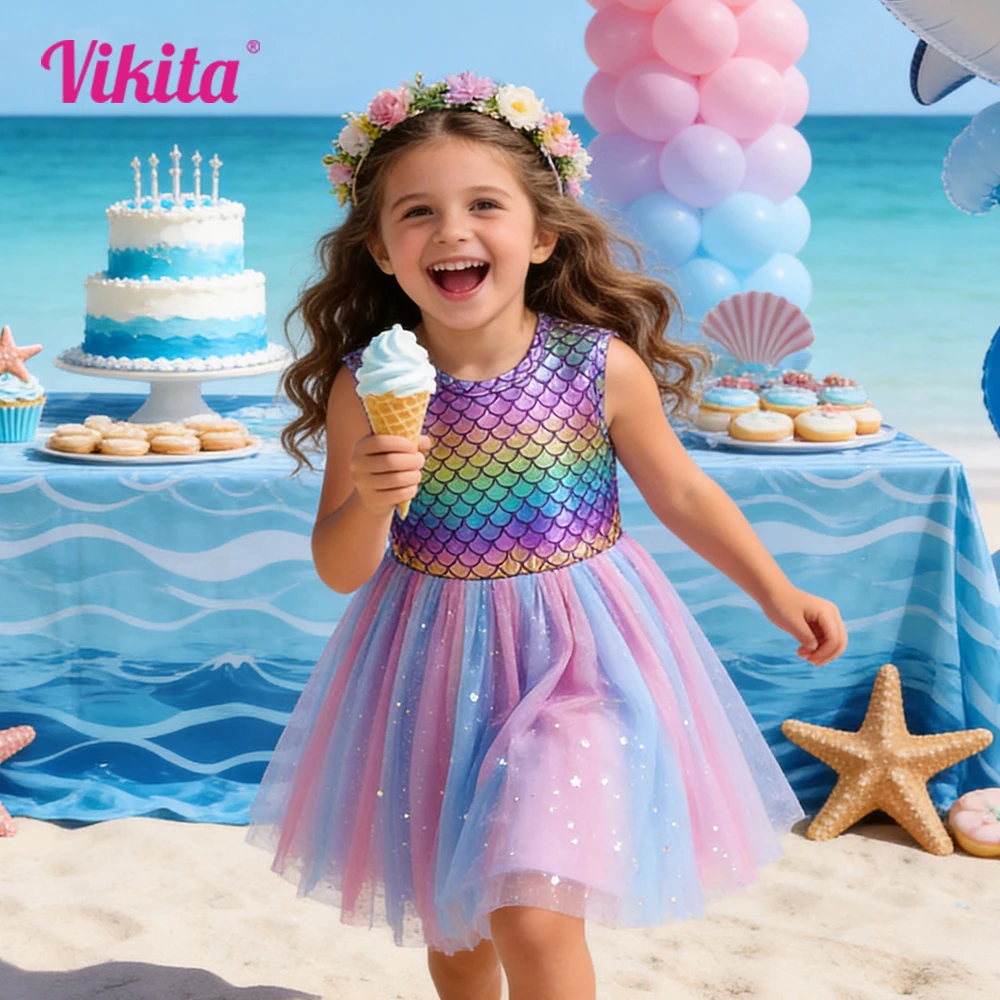 

VIKITA Girls Mermaid Print Dress Kids Gradient Colorful Sequins Purple Sleeveless Summer Dresses Kids Party Beach Princess Dress