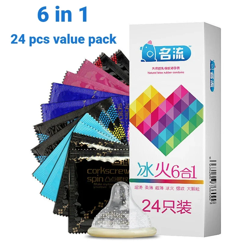 24pcs Mingliu Condoms 6 Types In 1 box Ice Fire safe Sex Condom Mingliu Thin Condoms Mingliu G-spot Condoms Tight Condom