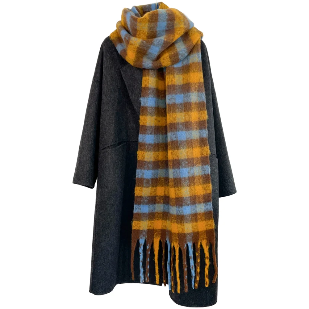 Oversized Winter Scarf for Women Mohair Blend Long Shawl Wrap with Geometric Plaid Pattern Thermal Construction