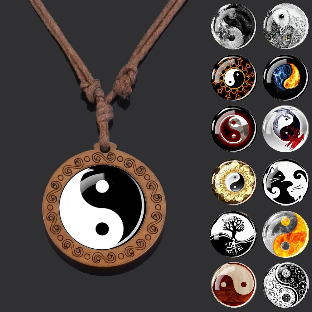 Yinyang Taichi Wooden Necklace Yin Yang Cat Tree Glass Pendant Adjustable Rope Chain Necklaces Black White Retro Jewelry Gift