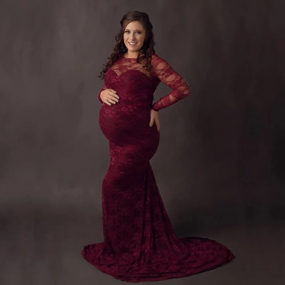 Vestidos de fotografía de maternidad sexys de encaje, vestido de sesión de embarazo con cuello barco y tren largo, vestido de maternidad Maxi para mujer, accesorios para fotos