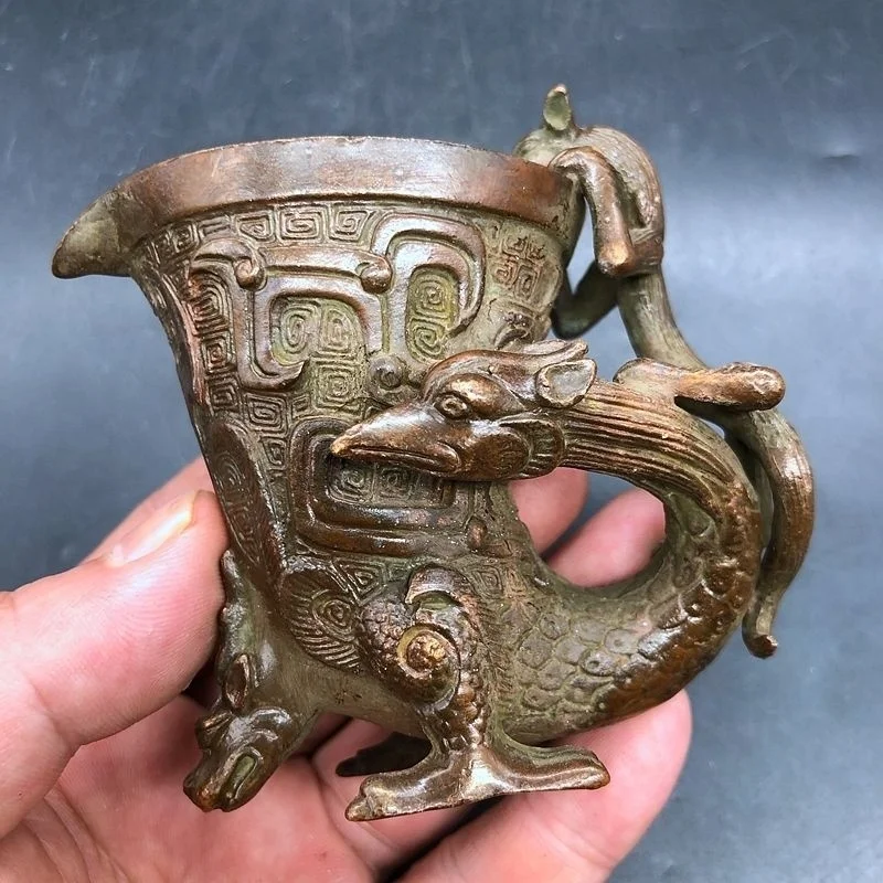 

Винтажная редкая трехглавая чашка для вина в виде зверей династии Хань, нефракрасная старая патина, дракон, Феникс, птичье сосуд, украшение для домашнего рабочего стола