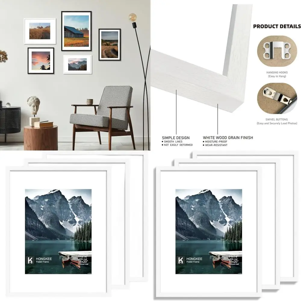 

Set of 3 White Frames for 11x14 Photos with Mats or 16x20 Posters, Wall-Mountable in Both Orientations