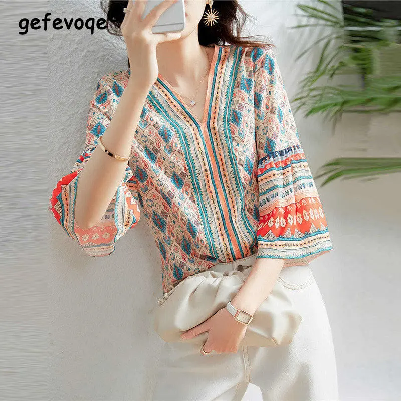 

Vintage Ethnic Style Print Elegant Chic Shirts Summer Fashion V-neck Loose Three Quarter Sleeve Tops Blouses for Women Clothing