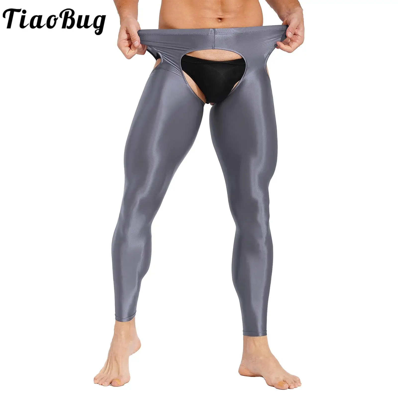 Mens Smooth Silk Sexy Hollow Out Long Leggings Open Crotch High Elastic Low Waist Pencil Pants Solid Color Glossy Underwear