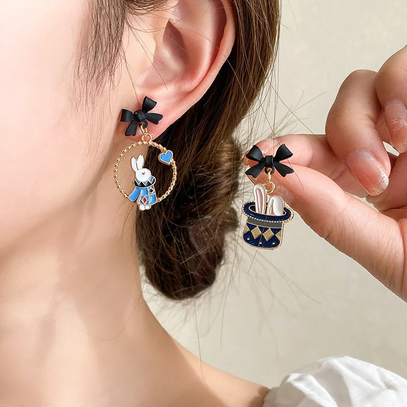 S925 Needle Cartoon Funny Magic Rabbit Drop Earrings Cute Alice In Wonderland Rabbit Poker Earrings for Women Girls Brincos