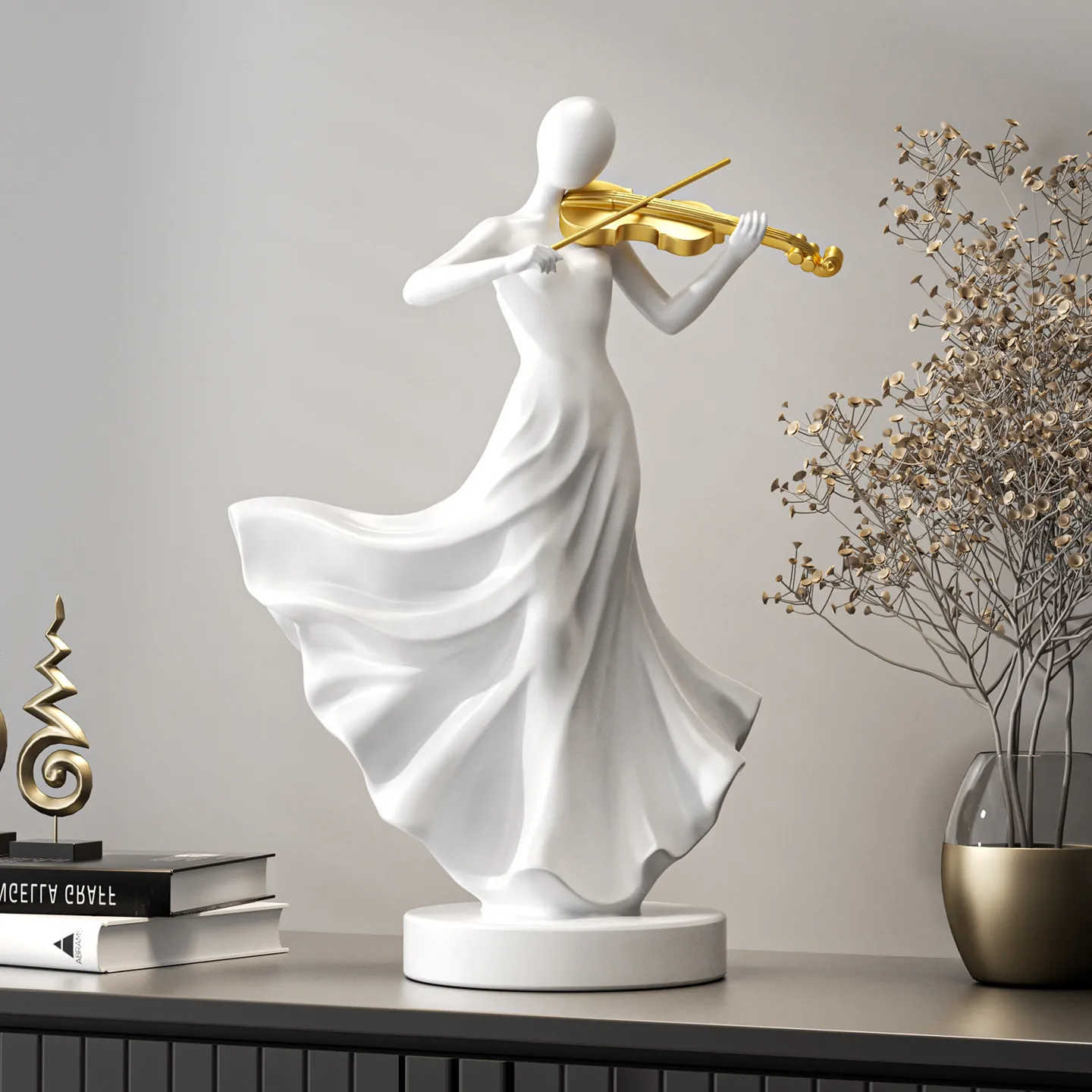 Violin Playing Woman Resin Statue Abstract Musician Lady Sculpture Golden Violin Figurine Home Living Room Desktop Art Decor