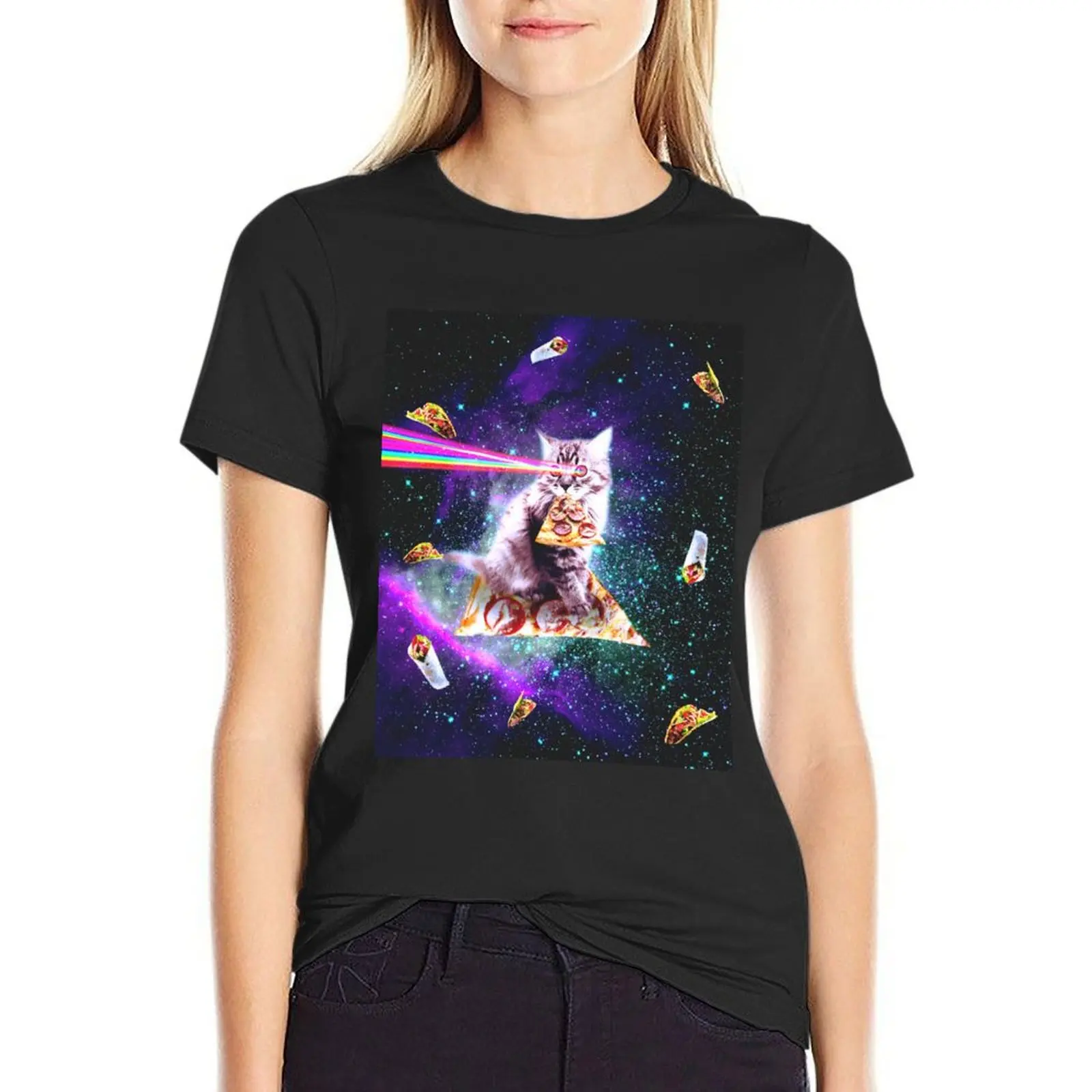 

Outer Space Pizza Cat - Rainbow Laser, Taco, Burrito T-Shirt graphics Blouse oversized t shirt dress Women