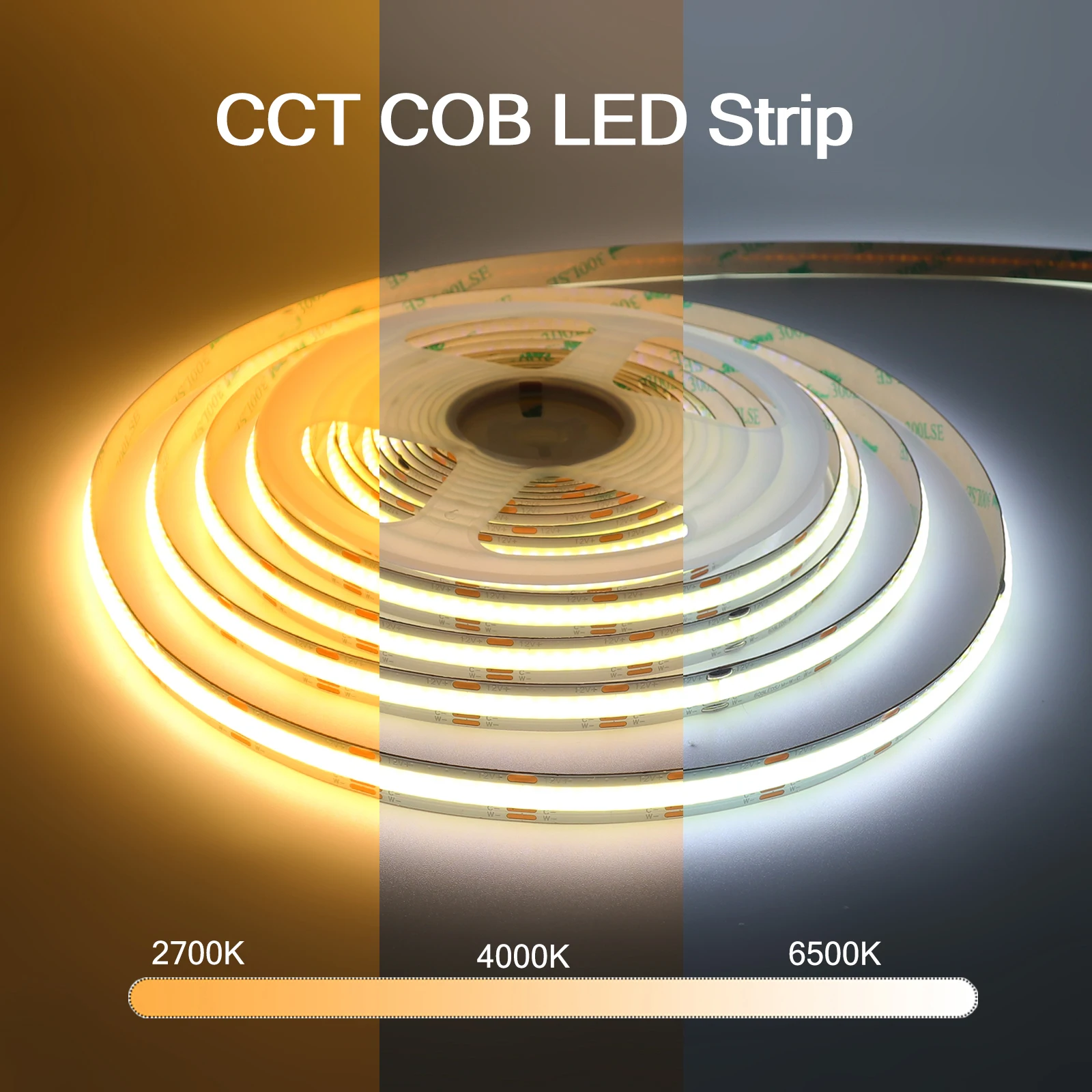 DC12V 24V CCT COB LED Strip Light 608LEDs/m Double Color RA90 Dimmable Ribbon for Room 2700K to 6500K Color-Changing Led Tape