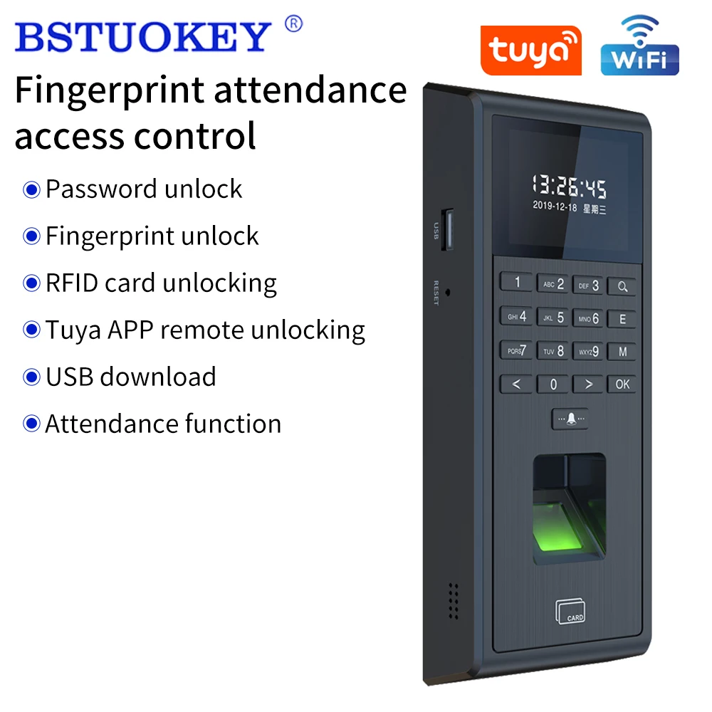 WiFi TUYA APP Fingerprint Recognition RFID Password Access Controller USB Time Attendance System Staff Check on Device USB WG26