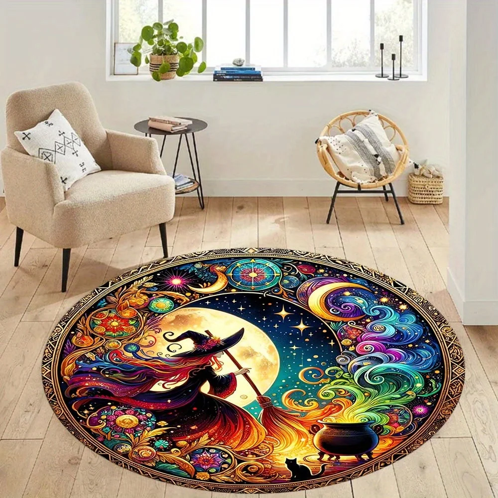 Vibrant Moonlit Night Witchcraft Potion Round Mat With Witches Cauldron Swirling Patterns Machine Washable Polyester Decor Rug For Living Room Bedroom Game Area Witchy Home Decor Halloween Round Washable Rug Entrance Door Mat Welcome Carpet