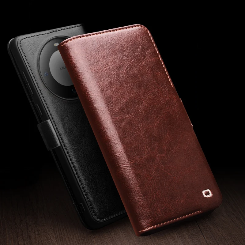 Qialino Genuine Leather Flip Cases For Huawei Mate 60 Mate60 P60 Pro Light Luxury Phone Cover With Card Slot Handmade Case