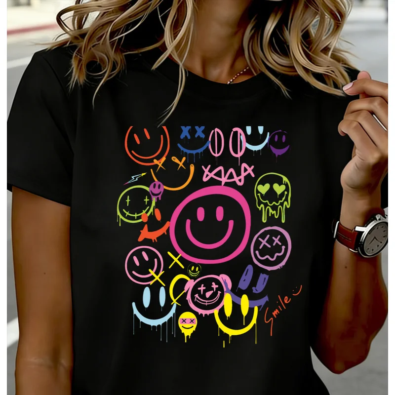 Colorful dripped graffiti mixed with smiling face pattern women's T-shirt