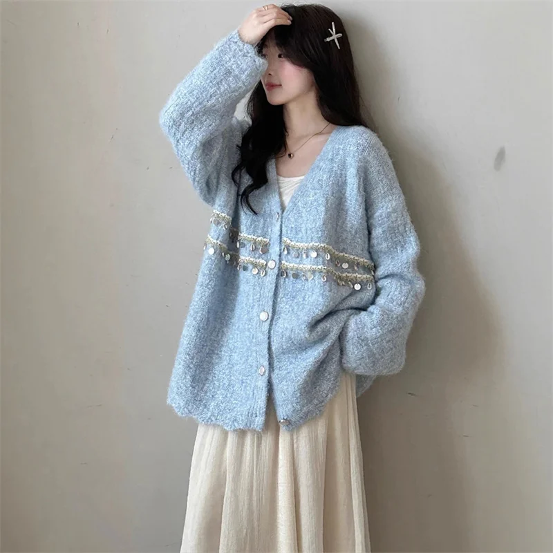 고급 니트 스웨터 가디건 여성용 초가을 2025 신상 비볼링 V넥 롱 슬리브 레귤러 얇은 아우터웨어