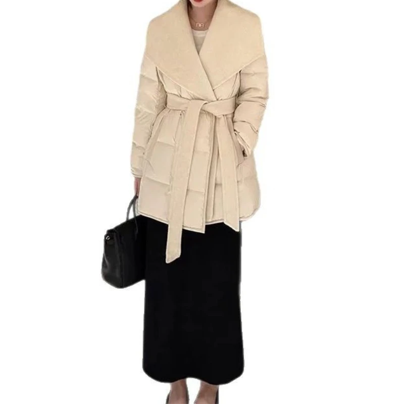 Chic Elegant Belted Large Lapel Women's Winter Padded Jacket Quilted Mid-Long Loose Warm Daily Commute Travel Solid Long Coat