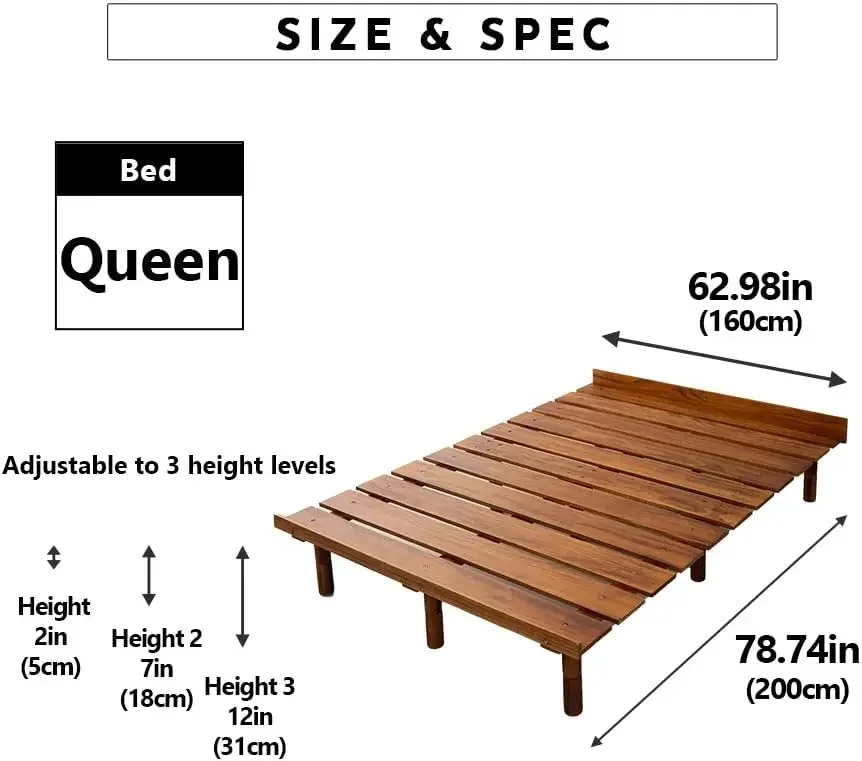 Queen Wood Slatted Floor Bed Frame for Japanese Futon Mattress Solid Pine Retro-Brown Height Adjustable Tatami Mat