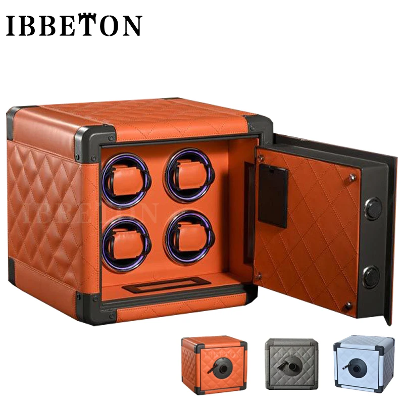 

IBBETON Luxury Leather Mini Watch Winder Safe Box Orange Black Watch Storage Box 4 Slots Touch Screen With Atmosphere Lamp