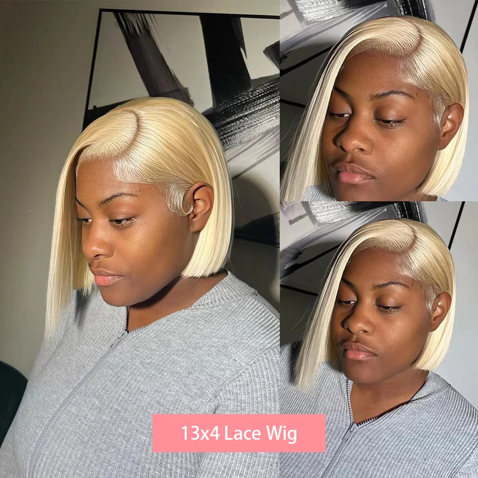 13x4 Blonde Short Bob Lace Front Human Hair Wigs Brazilian Remy Hair 613 Bone Straight Lace Frontal Wig 230% Density 12 14 Inch