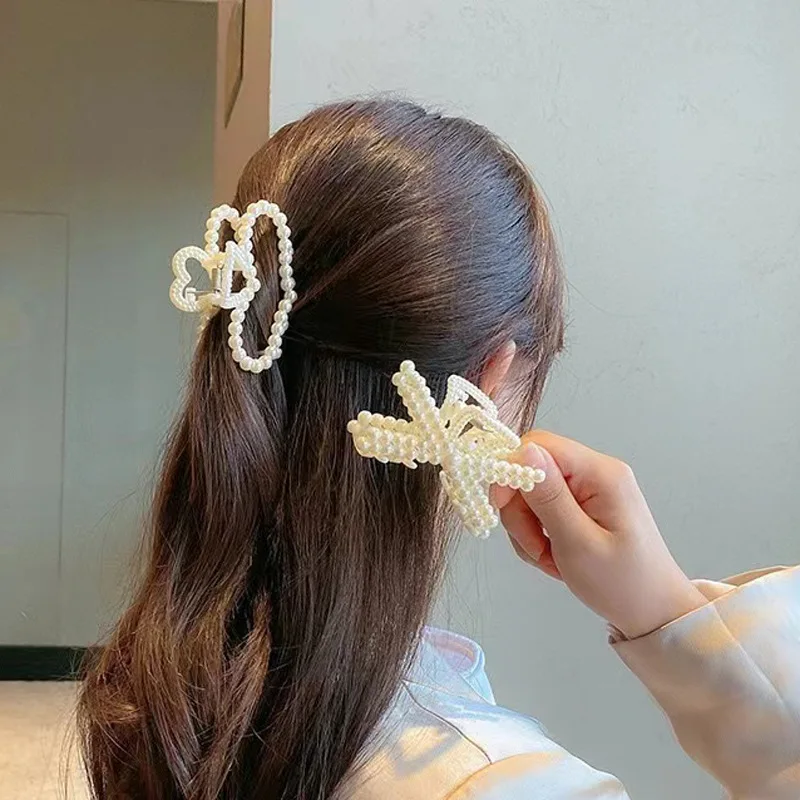 

Cute Bow Large Simple Shark Clip Hair Accessory Women's Fashionable Trendy Hairpiece Plastic Pearl Hair Clip