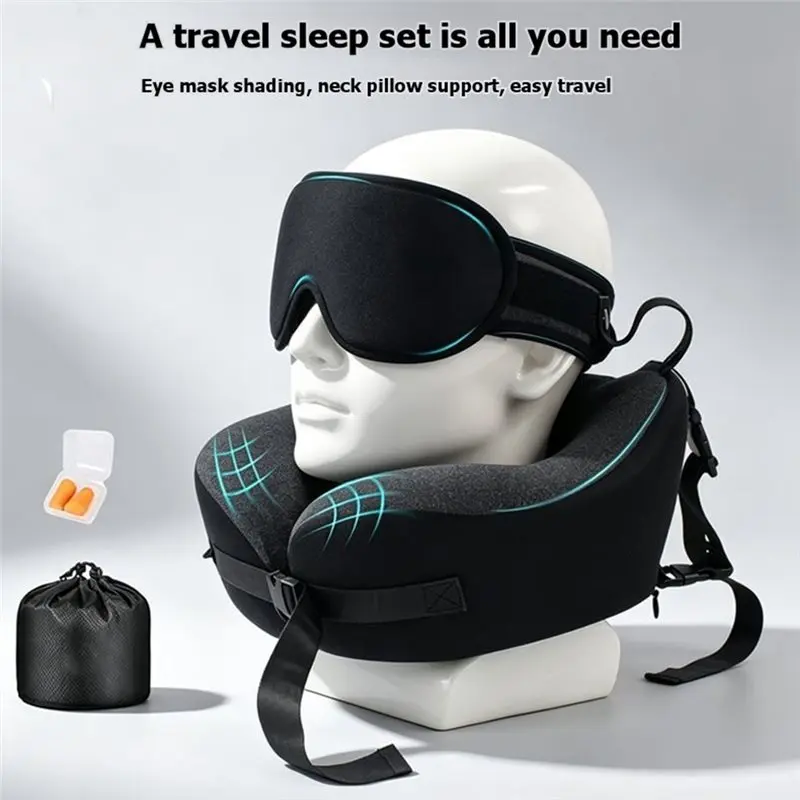 PORK-Ergonomic Travel Pillow With 3D Sleep Mask For Long Flights Airplane, 360° Head Support System Sleeper