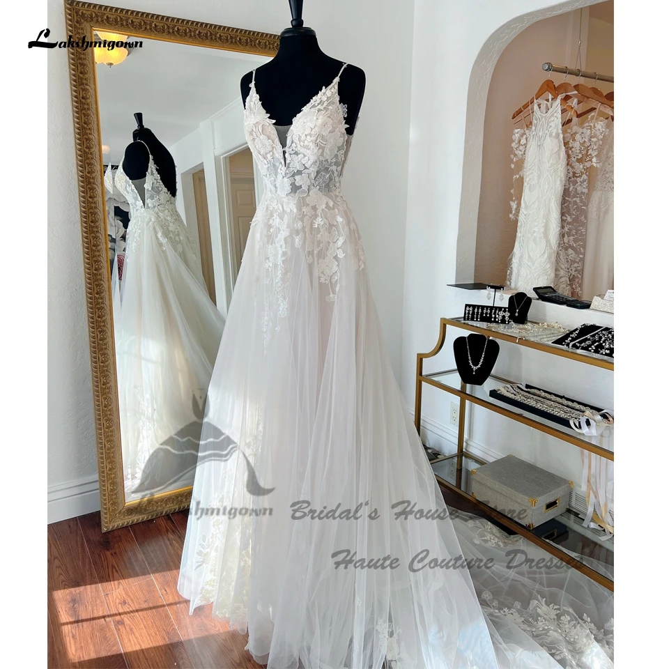 

Lakshmigown Civil Champagne Boho Beach Wedding Dresses Spaghetti Straps 2025 Backless Sexy Bridal Gowns Beading Lace Appliques