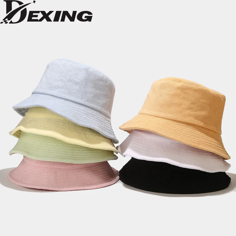 2022  Autumn Terry Cloth Towel Bucket Hat Women Men  Candy Colors Panama  Sun Fisherman Hat