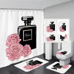 Fashion Perfume Shower Curtain Set Pink Rose Flower Modern Woman Girl Home Bathroom Decor Non Slip Rug Bath Mat Toilet Lid Cover