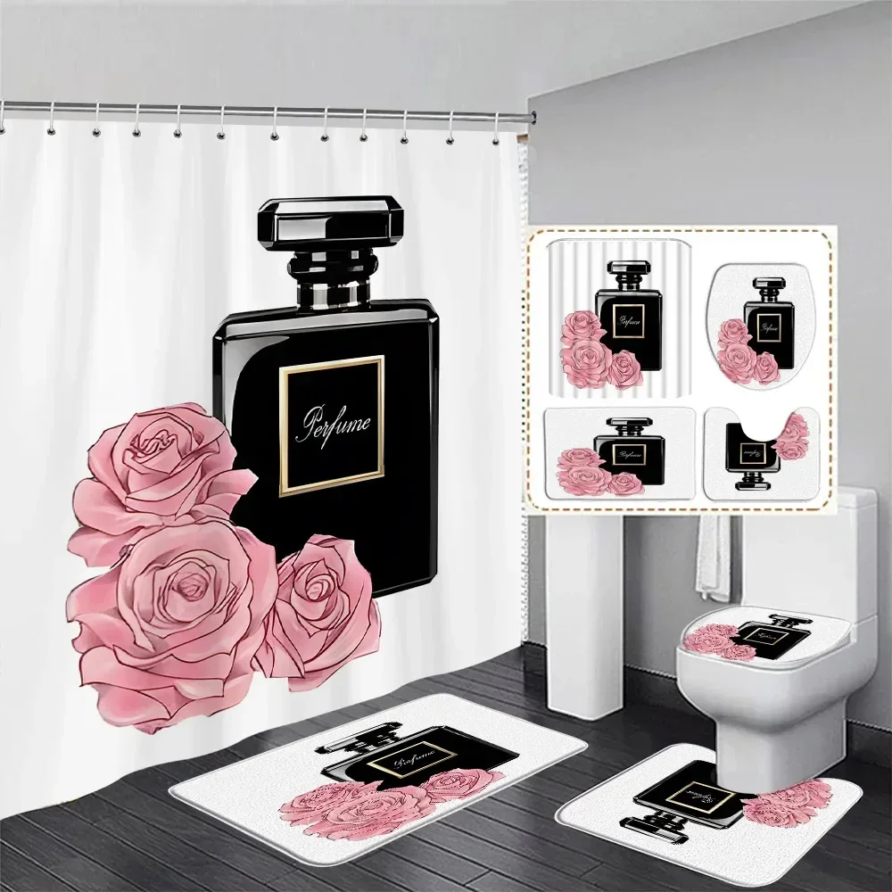 Moda Perfumy Zestaw Zasłon Prysznicowych Różowy Kwiat Róży Nowoczesna Kobieta Dziewczyna Dom Łazienka Wystrój Antypoślizgowy Dywanik Mata Kąpielowa Pokrywa Toalety