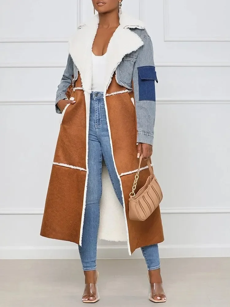 Women's Denim Jackets Long Coat Turn-down Collar Temperament Patchwork Denim Lace Up Waist Long Sleeve Overcoat Woolen Coat