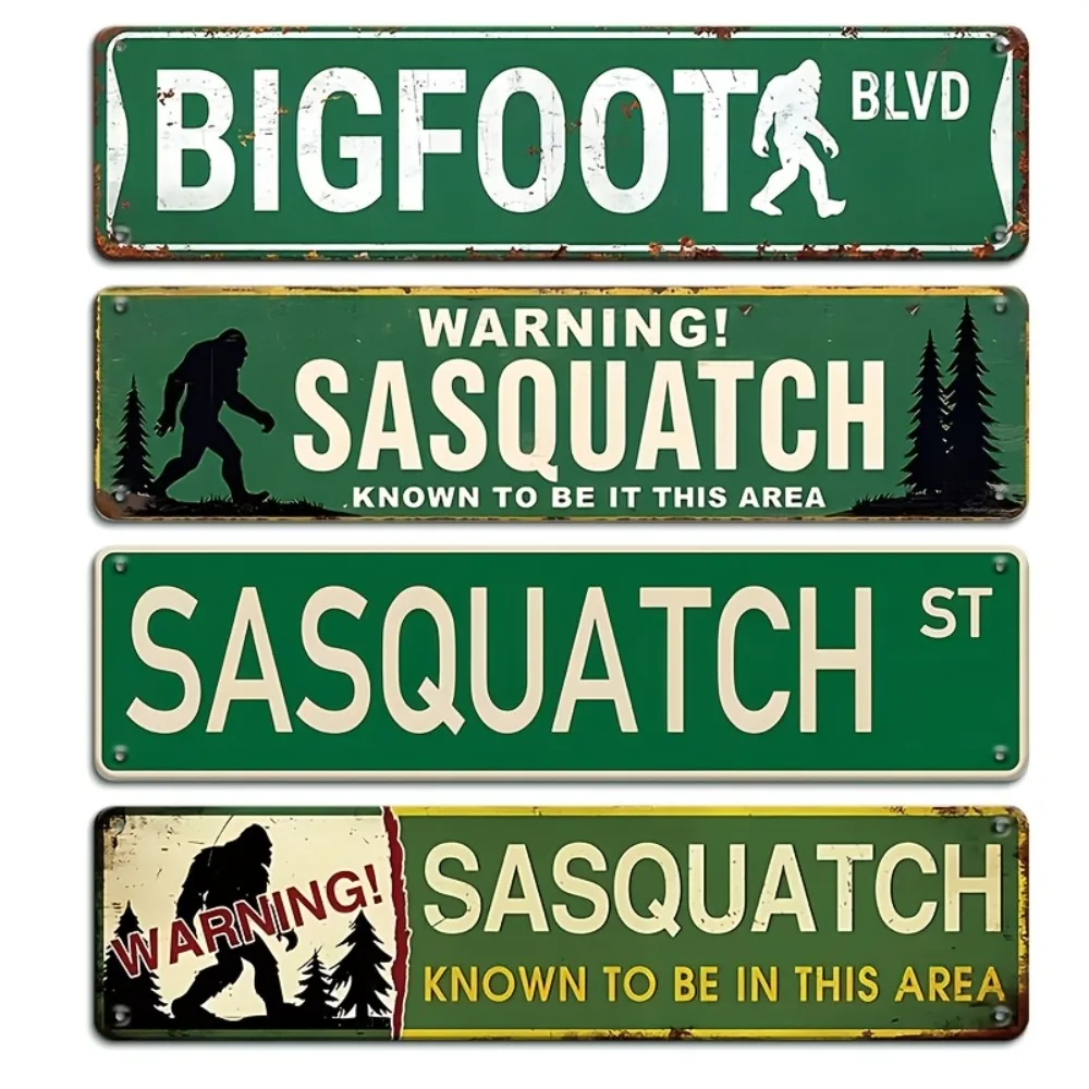 CIFBUY 4Pcs Vintage Bigfoot Sasquatch Street Sign Set Funny Metal Tin Signs for Man Cave Garage Bar Room Wall Decor