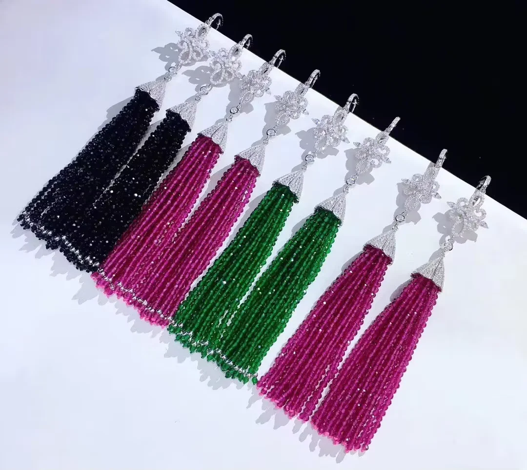 

1 Paris 12 Rows Natural Green /Pink Jade Silver Plated Cz Pave Earrings