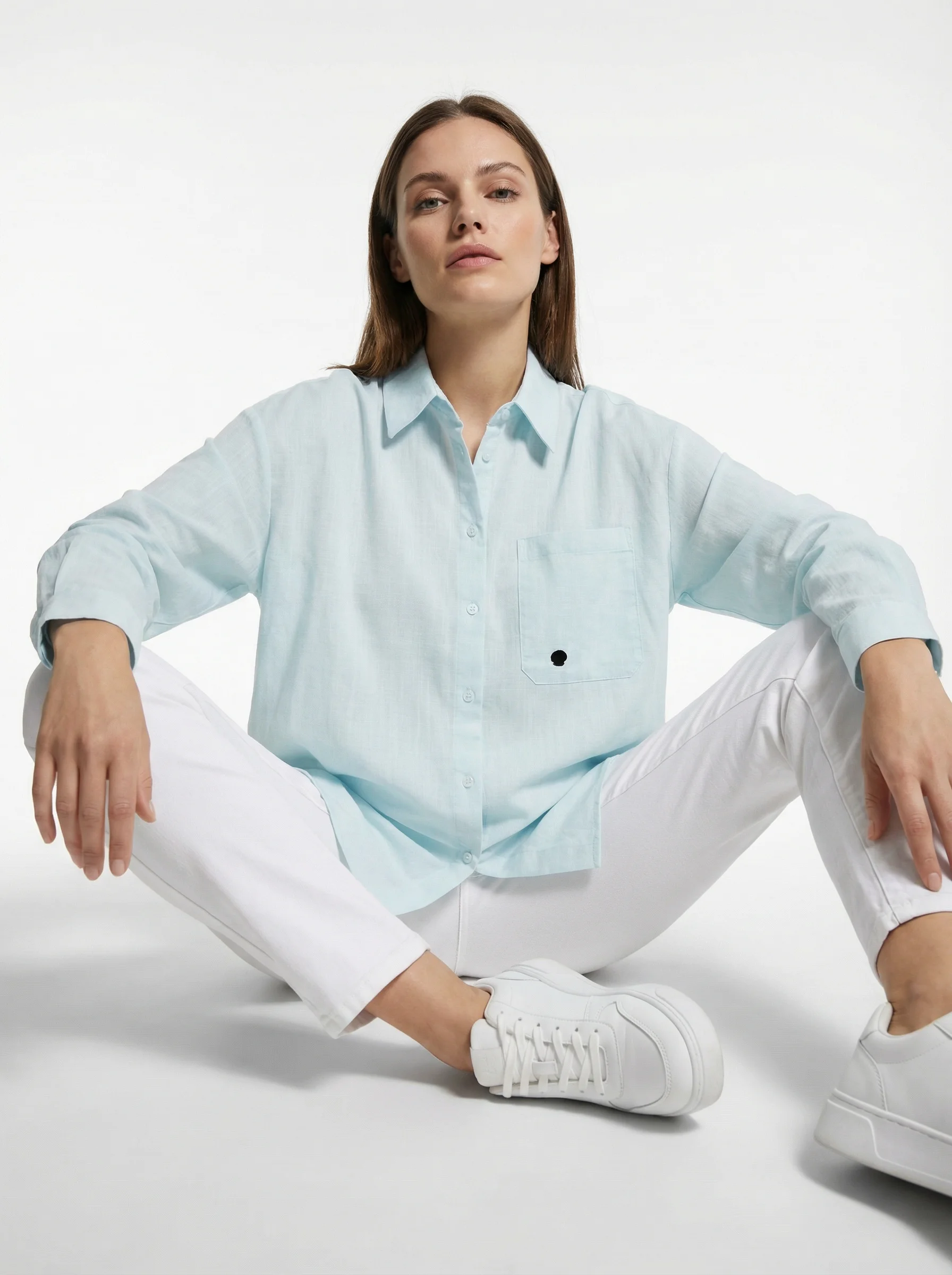 

Blue Linen Women's Shirt Casual Loose Fit High Intelligence Sensation Comfortable Breathable Long Sleeve Button up Top